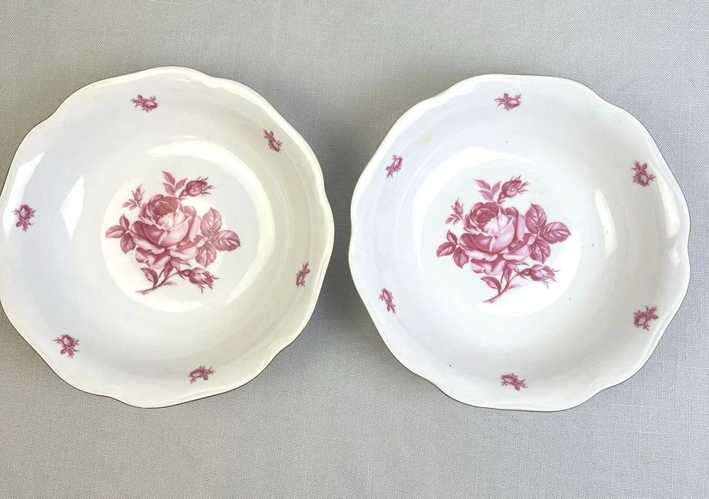 Bohemian Czechoslovakia Vegetable Serving Bowls 2 Roses Pink Gold Vintage